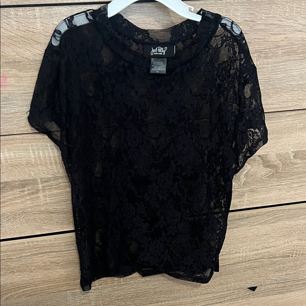 Black Sheer Floral Lace Short Sleeve Top